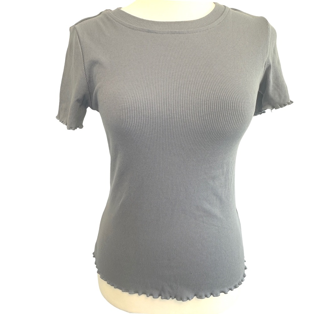 LOMON Blue Ribbed Knit Lettuce Edge Short Sleeve‎ T-Shirt Top Flirty Coquette